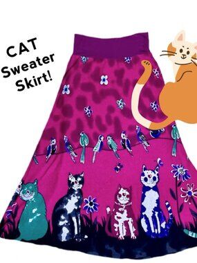 CAT Kitty themed A-line knit sweater skirt w BIRDS in pink green purple S M
